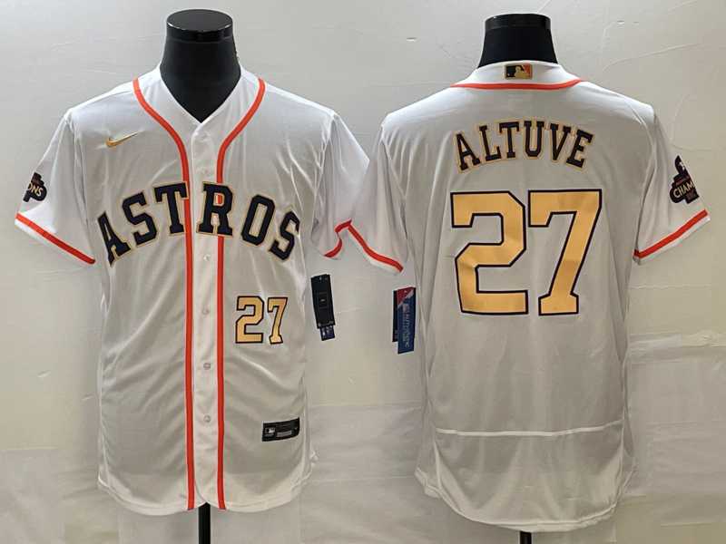 Mens Houston Astros #27 Jose Altuve Number 2023 White Gold World Serise Champions Patch Flex Base Stitched Jersey